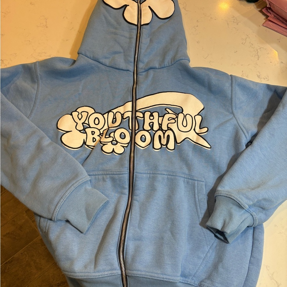 Youthful Bloom Blue Hoodie Full Zipper over face hoodie